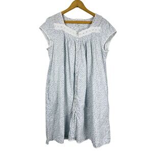 Eileen West Floral Nightgown Purple White Lace Trim Button Front Sleep Dress L